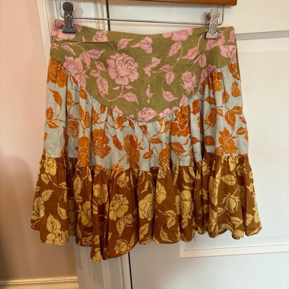 Zimmermann A-Line Skirt with Floral Patterns in Pink, Orange, and Brown
